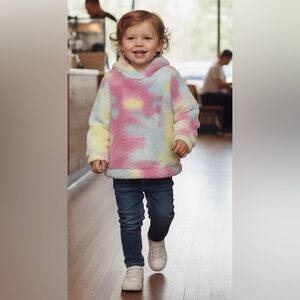 Tie dye, pink, yellow, white colored, fluffy hoodie, brand, new, no tags, 3T
